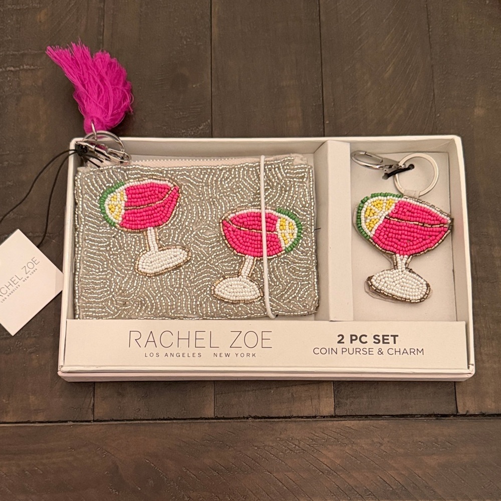 Rachel Zoe Silver Beaded Coin Purse with Pink Cocktail Charm